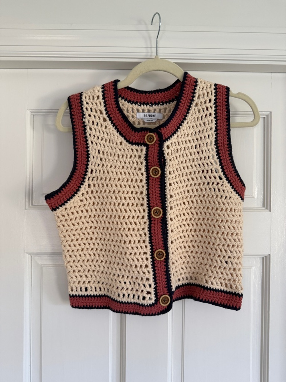 Re/Done Cream Crocheted Vest with Rust and Black Trim